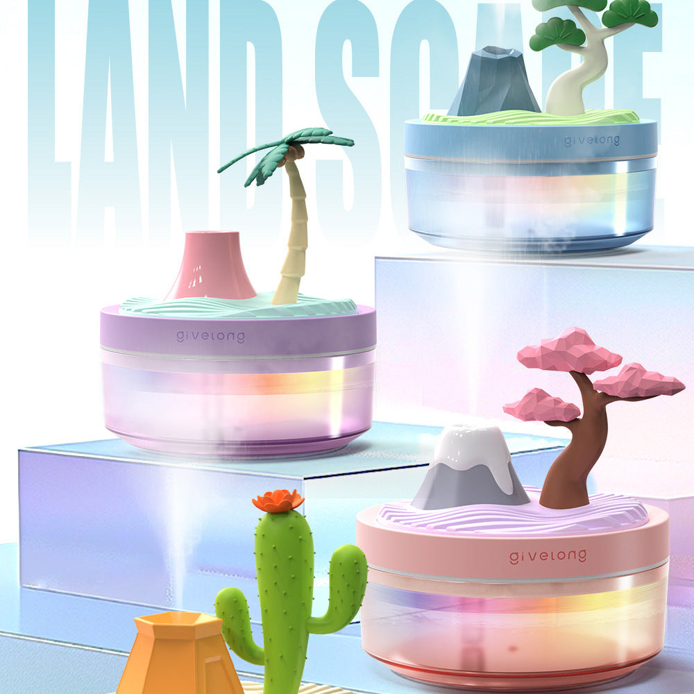 Landscape USB Humidifier with 7-Option Night Light - 320ml, Quiet Operation & Auto Shut-Off(Cactus)