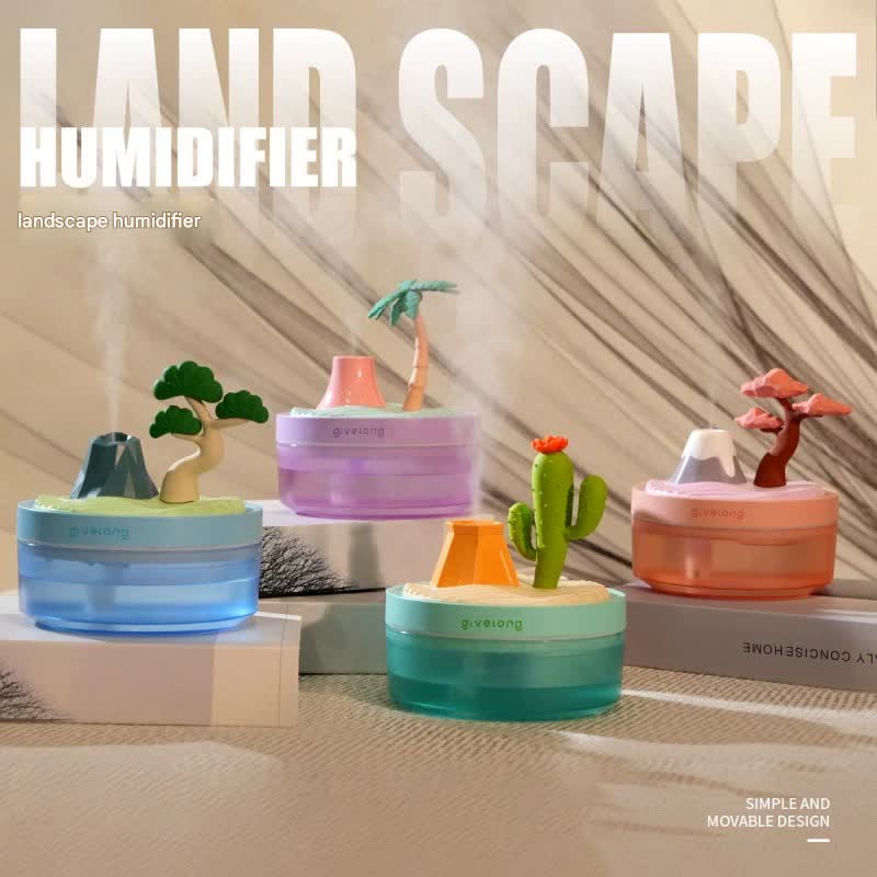 Landscape USB Humidifier with 7-Option Night Light - 320ml, Quiet Operation & Auto Shut-Off(Cactus)