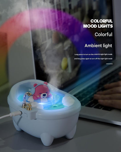 Adorable Bathtub Humidifier with Colorful Night Light - USB-C, 340ml, Auto Shut-Off(Blue Bear)